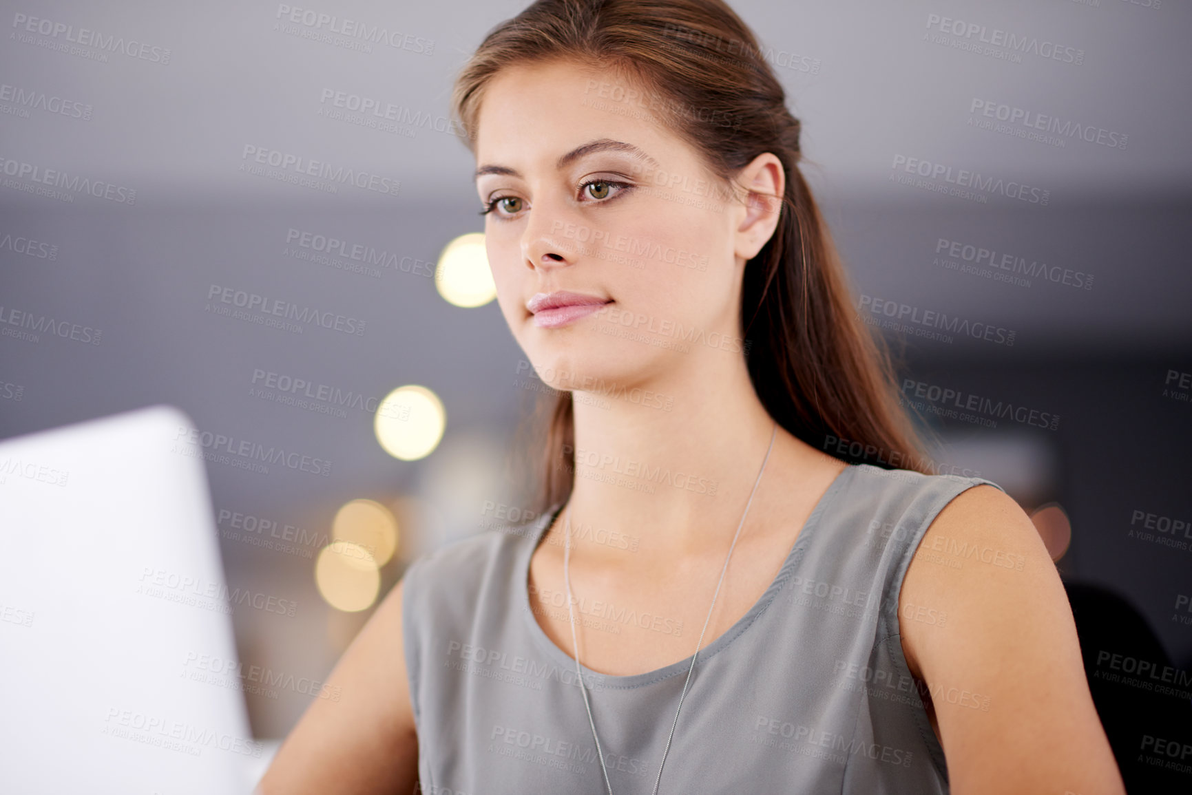 Buy stock photo Laptop, reading and planning with business woman in office for banking manager, fraud prevention and fund transaction. Finance portfolio, credit report and customer records with person in agency