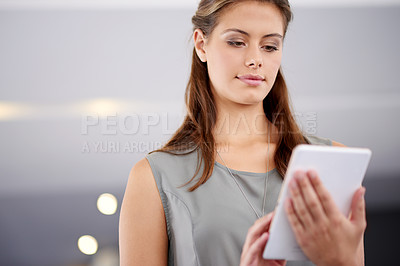 Buy stock photo Tablet, reading and business woman in office for content writing, blog and story with ai app. Digital technology, startup and worker online for research article, creative email and deadline at night