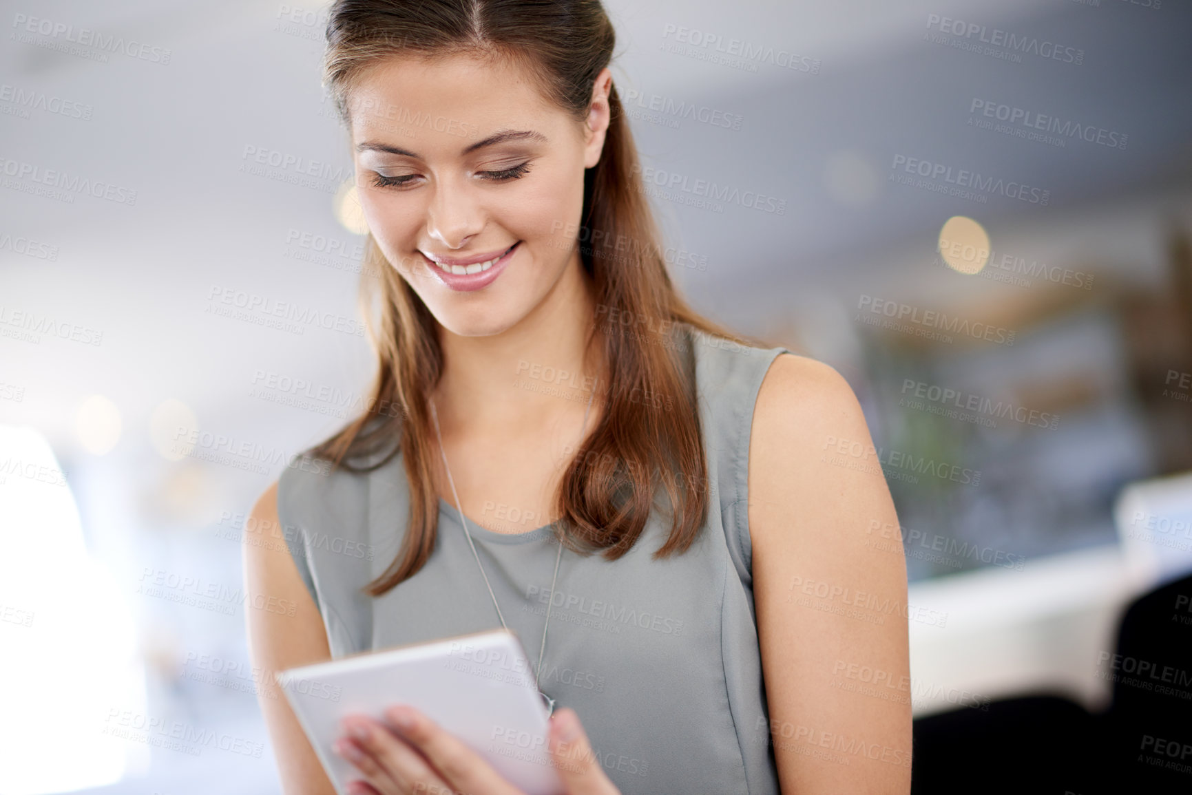 Buy stock photo Tablet, reading and happy business woman content writing, blog and story with ai app. Digital technology, startup and worker online for research article, creative or upload on social media platform