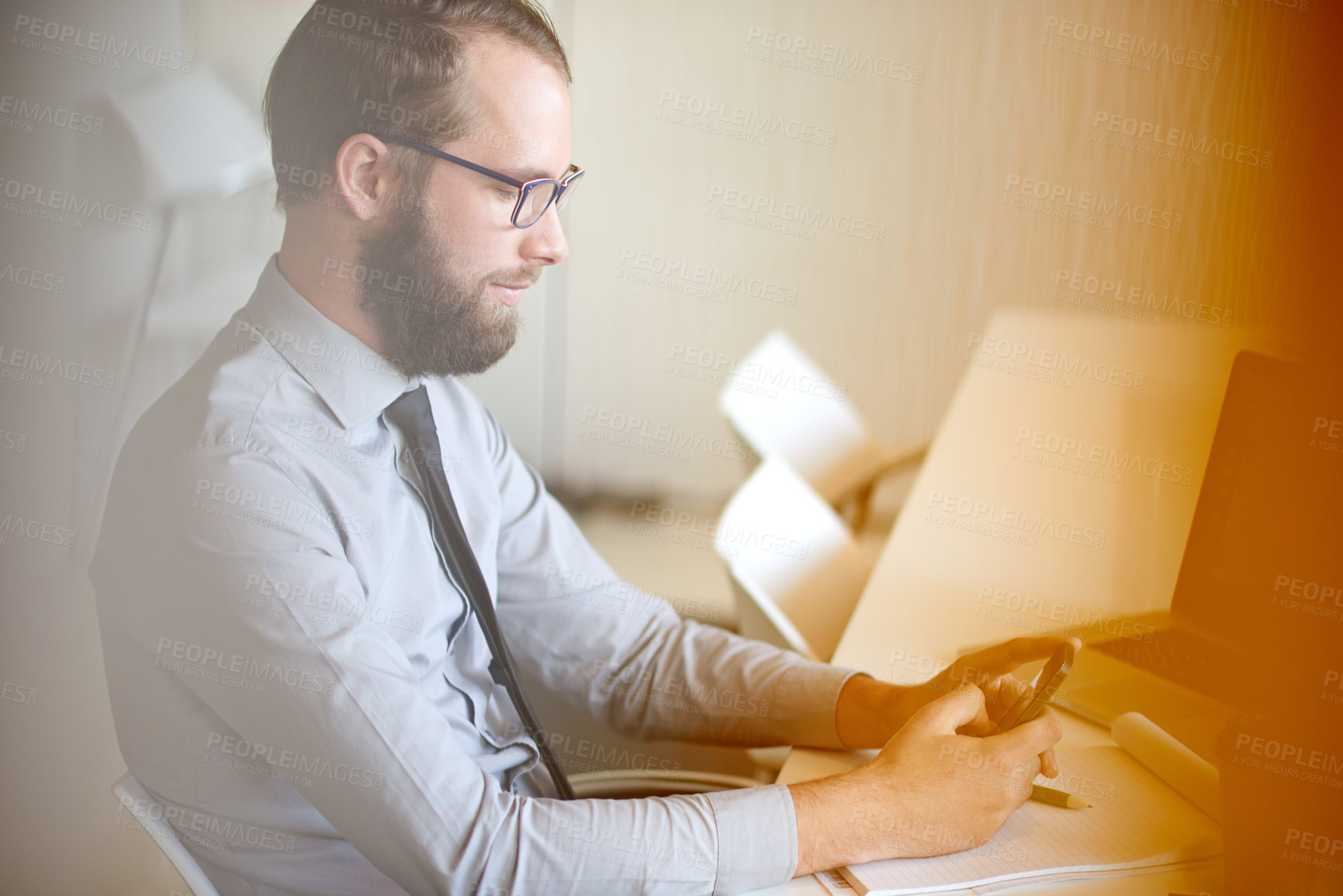 Buy stock photo Phone, auditor and business man reading email, bookkeeping and tax audit. Mobile, finance and accountant online in office with budget review, profit report and typing on chat app for communication