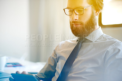 Buy stock photo Tablet, accountant and business man reading email, bookkeeping or tax audit online. Technology, finance and auditor with budget review, profit report or asset management for banking revenue in office