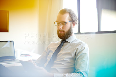 Buy stock photo Tablet, accountant and business man in office for reading email, bookkeeping or tax audit online. Technology, finance and auditor with budget review, profit report or asset management for revenue