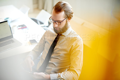 Buy stock photo Tablet, sales and business man reading email, profit report and investment with equity salesman. Digital technology, scroll and employee in office for project review, finance and stock market trading