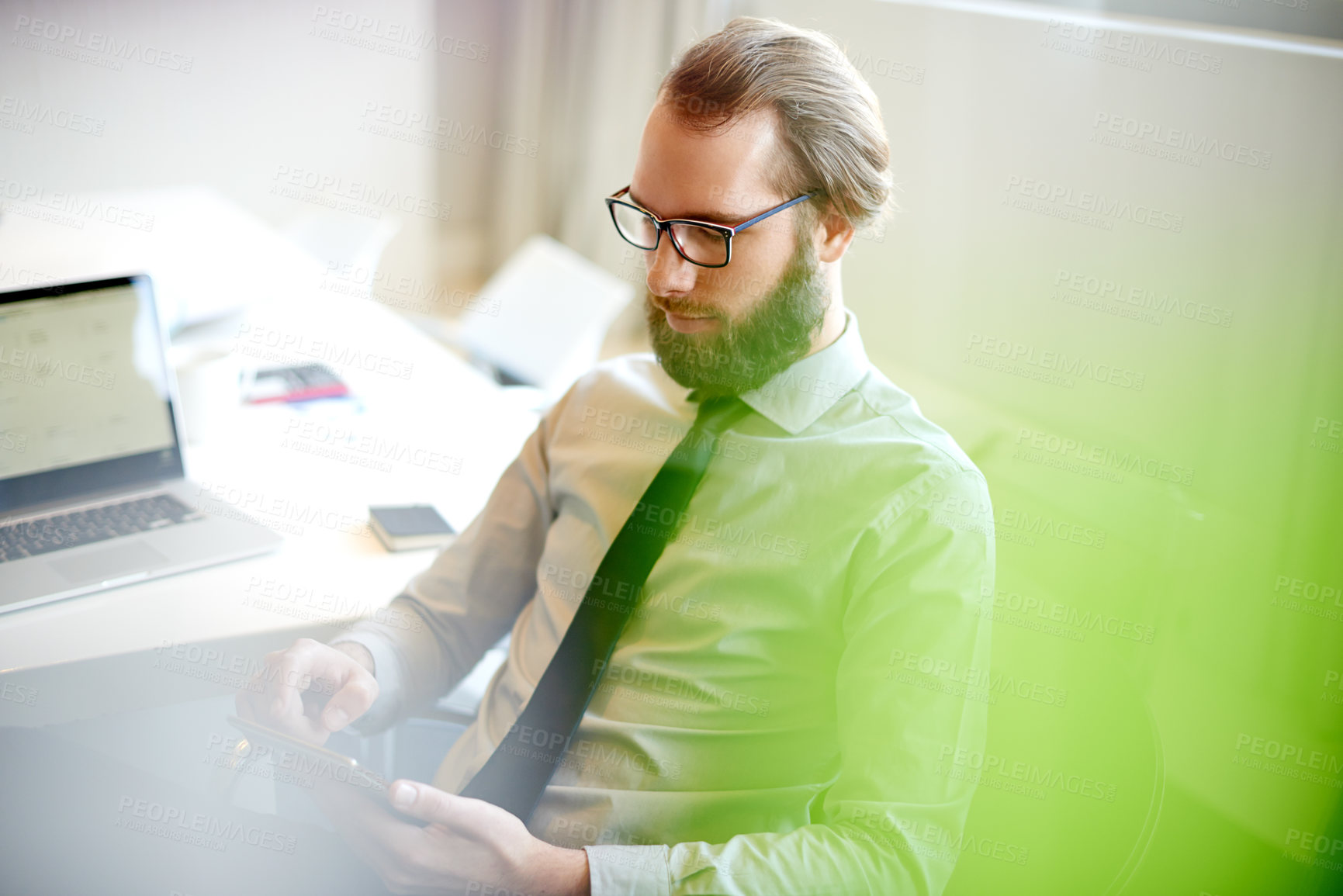 Buy stock photo Tablet, sales and business man in office, reading email and profit report for investment with equity salesman. Digital technology, scroll and employee with project, finance and stock market trading