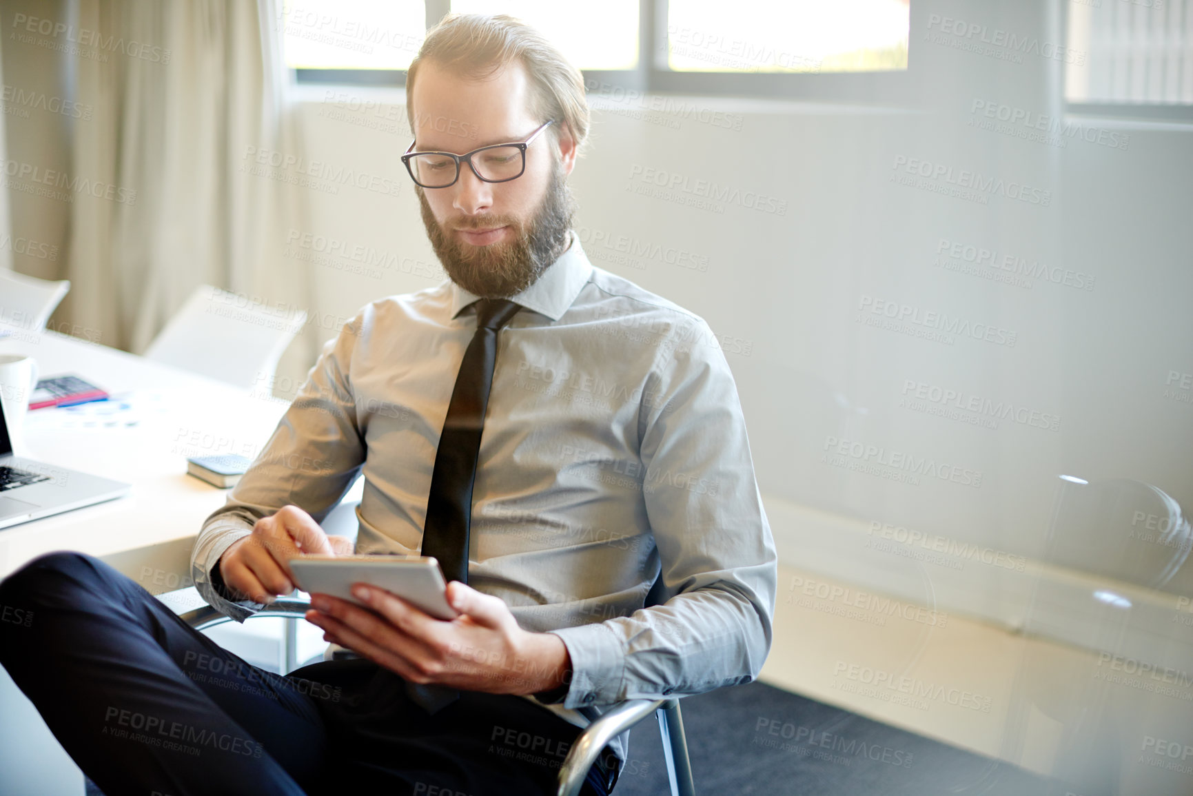 Buy stock photo Tablet, investment and business man in office, reading email and profit report with equity salesman on internet. Digital technology, scroll and employee with project, finance and stock market trading