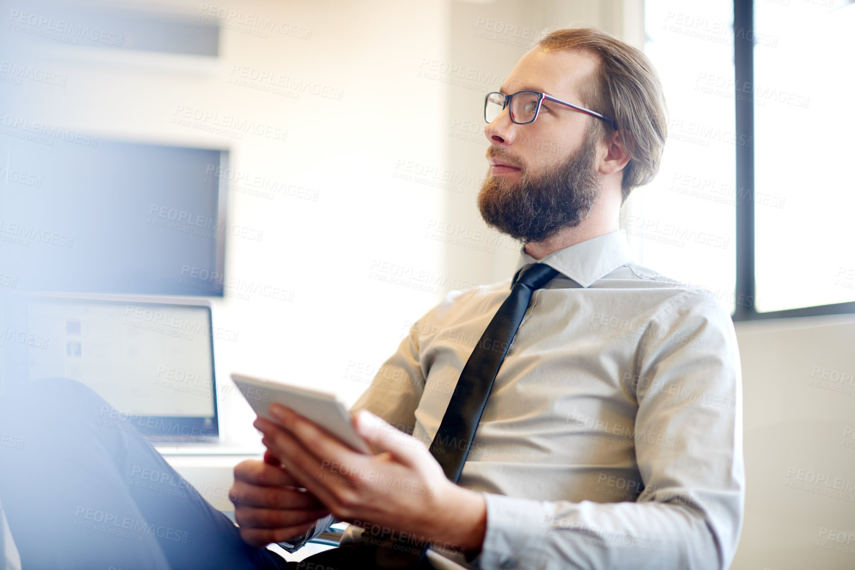 Buy stock photo Man, thinking or tablet in office for business, planning or problem solving with glasses. Accountant, tech or idea in corporate agency for financial growth, choice or consider investment opportunity