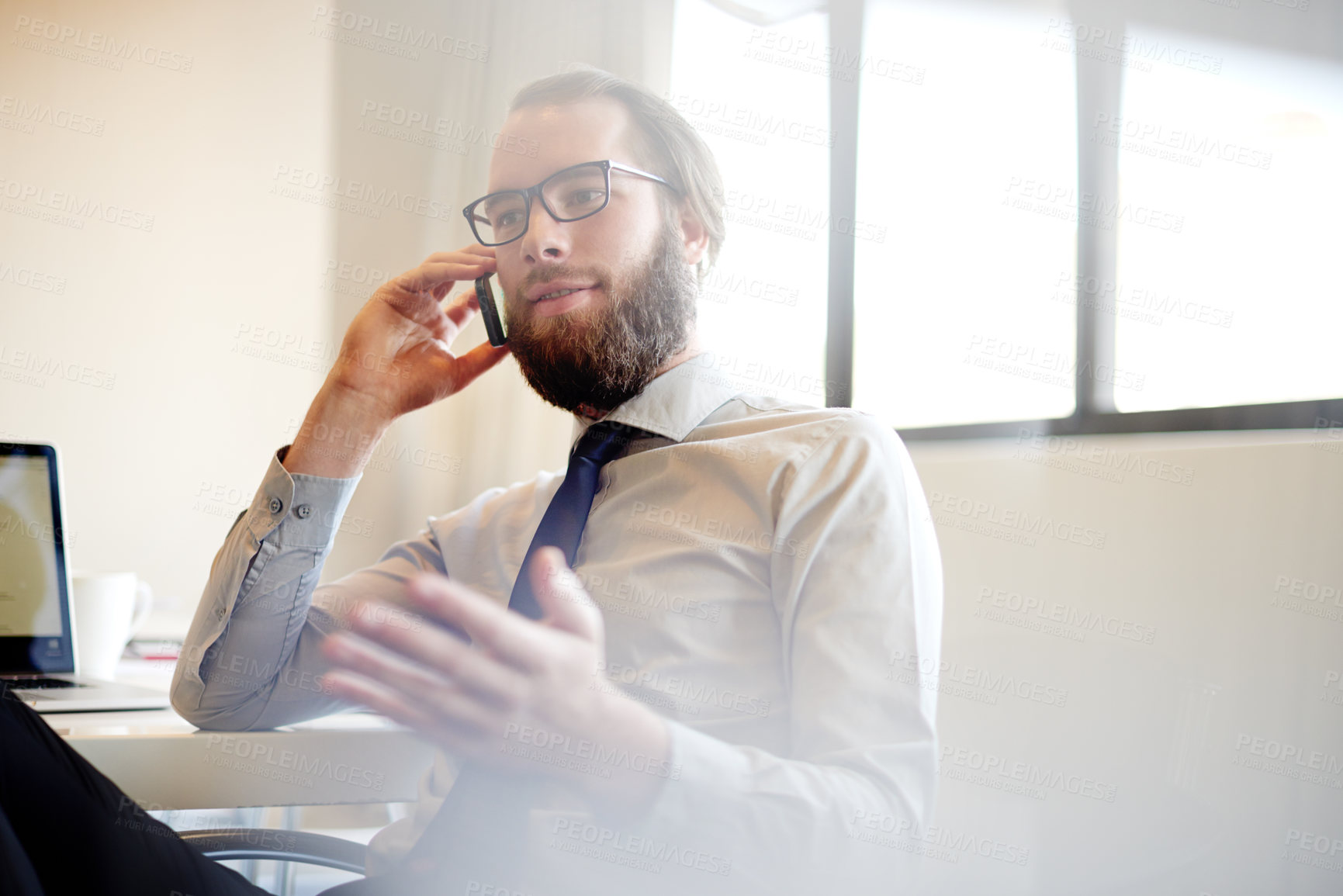 Buy stock photo Businessman, accountant or talking with phone call for finance advice, discussion or consulting at office. Man, employee or financial advisor speaking with mobile smartphone for customer service desk