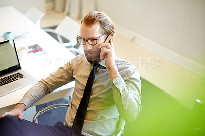 Buy stock photo Businessman, accountant and talking with phone call for financial advice, help or assistance at office. Man, employee or finance consultant with mobile smartphone for discussion or chat at workplace