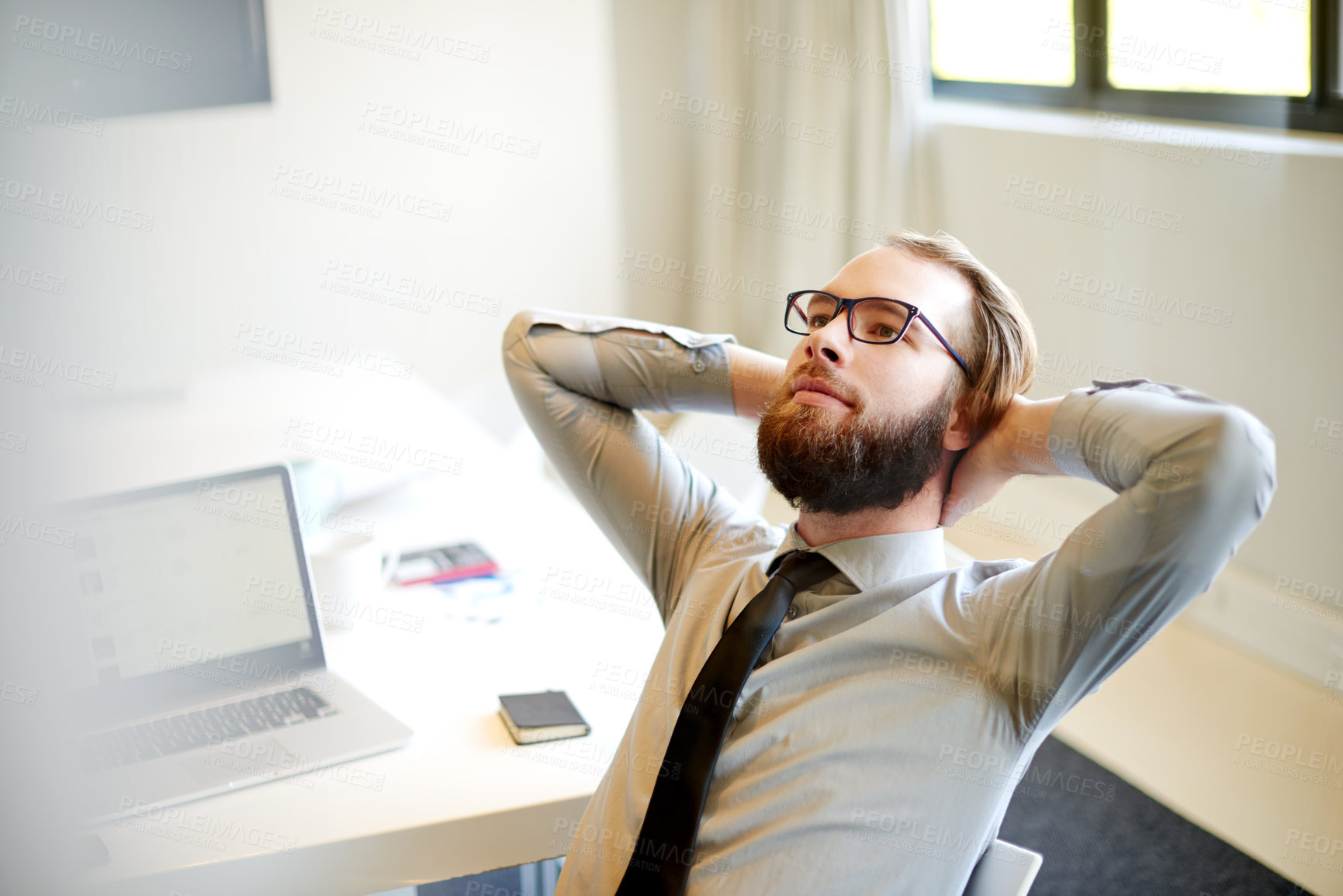 Buy stock photo Business man, relief and done at office for report, deadline and admin at financial agency. Person, rest and relax for project management, accounting or finished with proposal in corporate workplace 