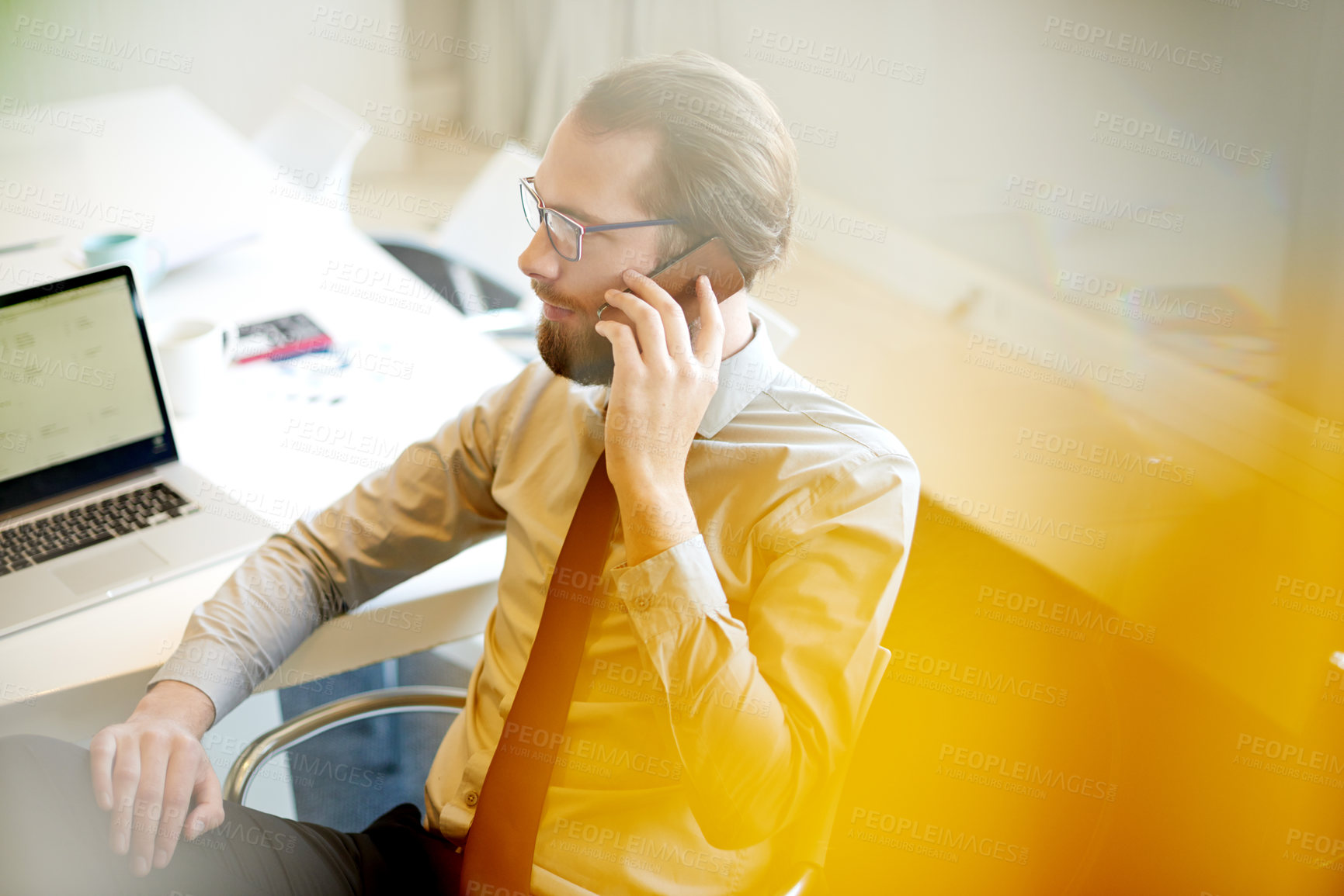 Buy stock photo Business man, phone call and smile at office with contact, networking and advice at financial agency. Person, accountant and listen with smartphone for conversation, discussion and talk at workplace
