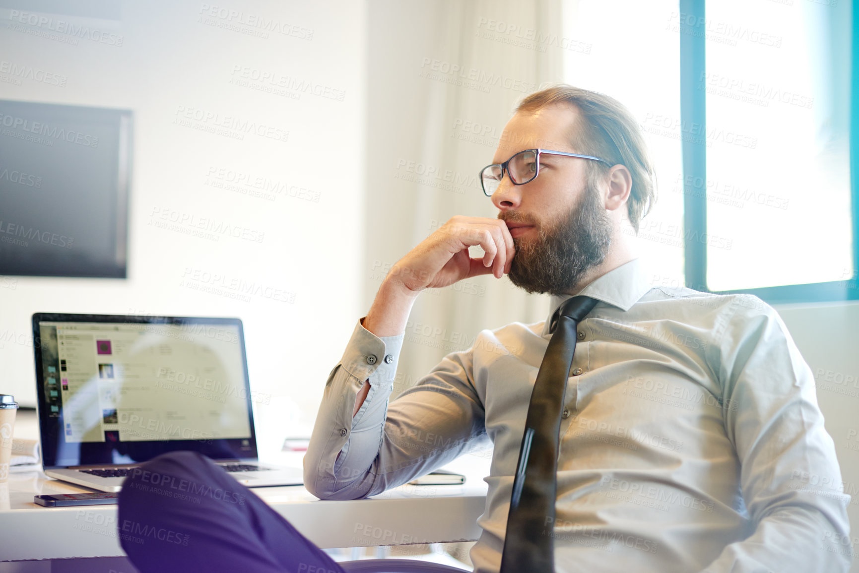 Buy stock photo Man, laptop screen and thinking in office for creativity, editing or brainstorming article. Journalist, glasses or resources on tech with ideas, creative writing or project planning for story telling