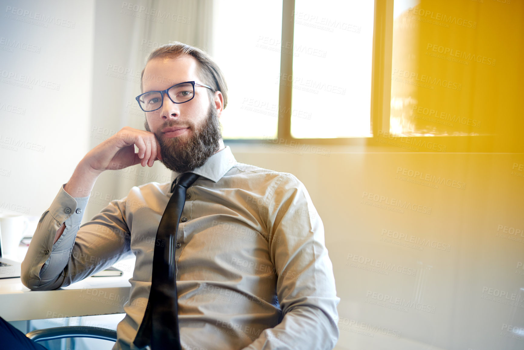 Buy stock photo Accounting, portrait and serious with business man in office for financial management or planning. Beard, finance and glasses with confident bank employee in workplace for economic investment