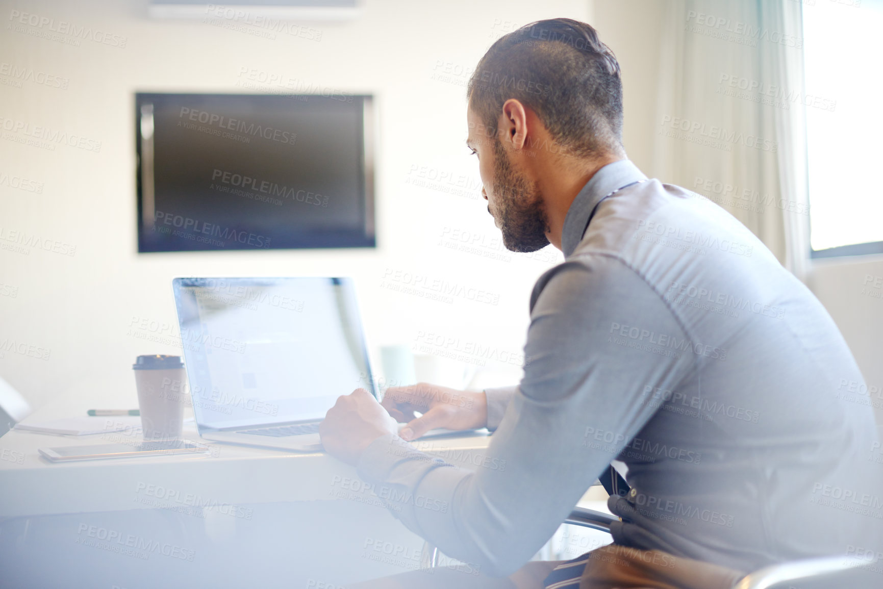 Buy stock photo Finance, laptop and planning with accountant man at desk in office for investment or wealth management. Administration, computer and report with financial employee in bank for auditing accounts