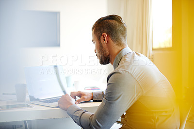 Buy stock photo Laptop, accountant and business man reading email, bookkeeping and tax audit online. Computer, finance and auditor with budget review, profit report and asset management for banking revenue in office