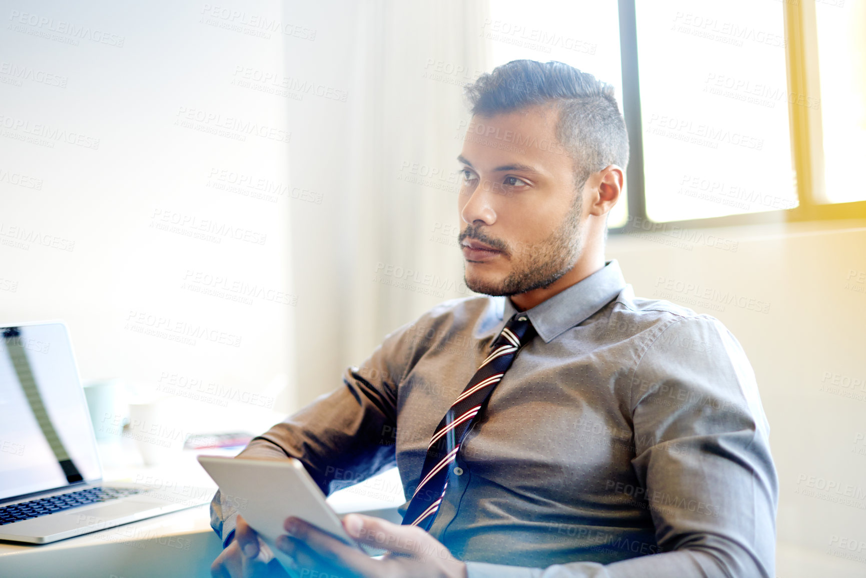 Buy stock photo Thinking, idea and tablet with business man in office for research, project review and event marketing. Client feedback, conference planner and venue coordinator with person in agency for vision