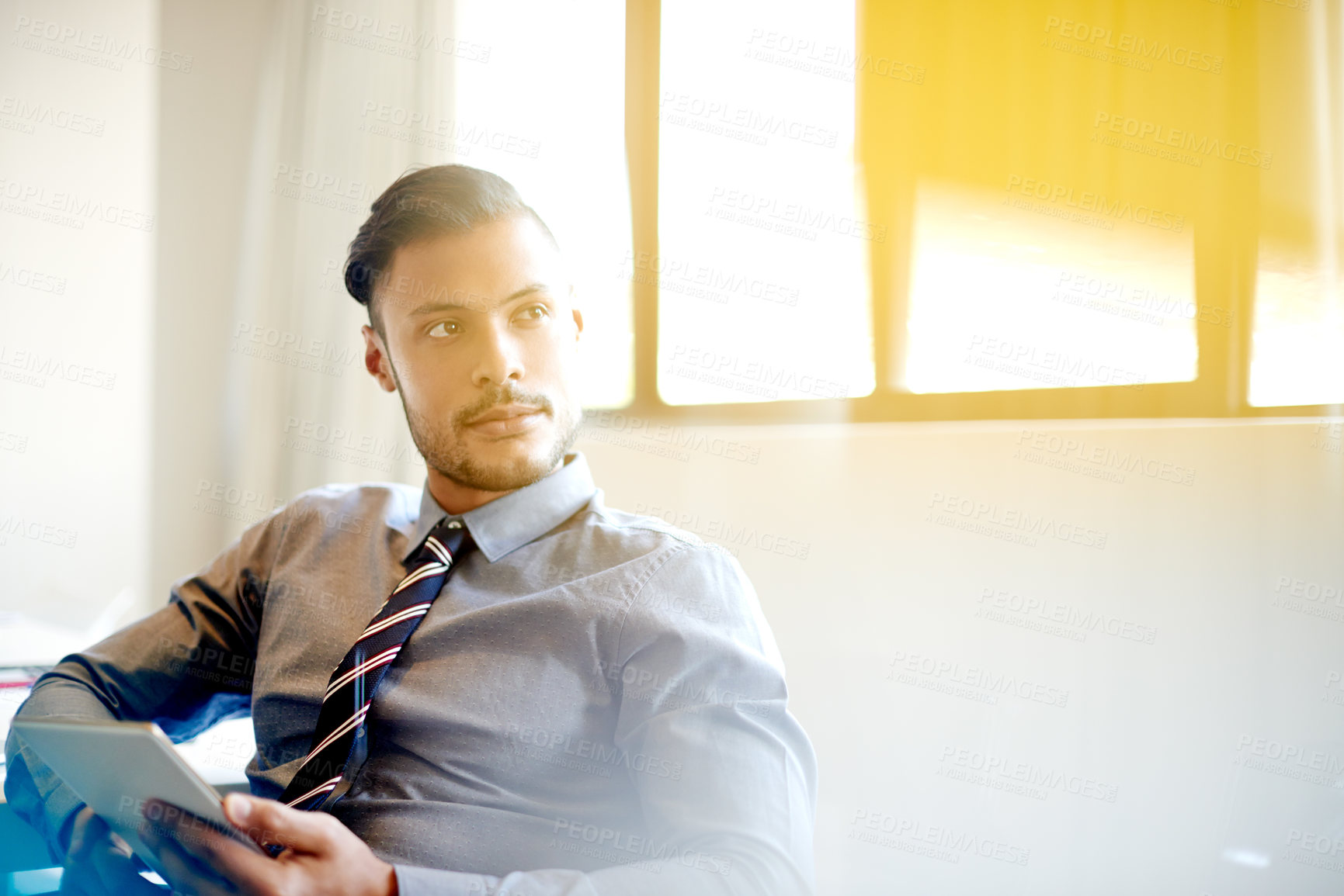 Buy stock photo Thinking, schedule and tablet with business man in office for idea, project review and event marketing. Client feedback, conference planner and venue coordinator with person in agency for vision