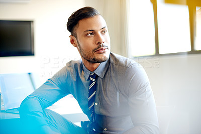 Buy stock photo Man, relax or thinking in office for business, planning or problem solving at laptop. Accountant, tech or idea in corporate workplace for financial growth, choice or consider investment opportunity