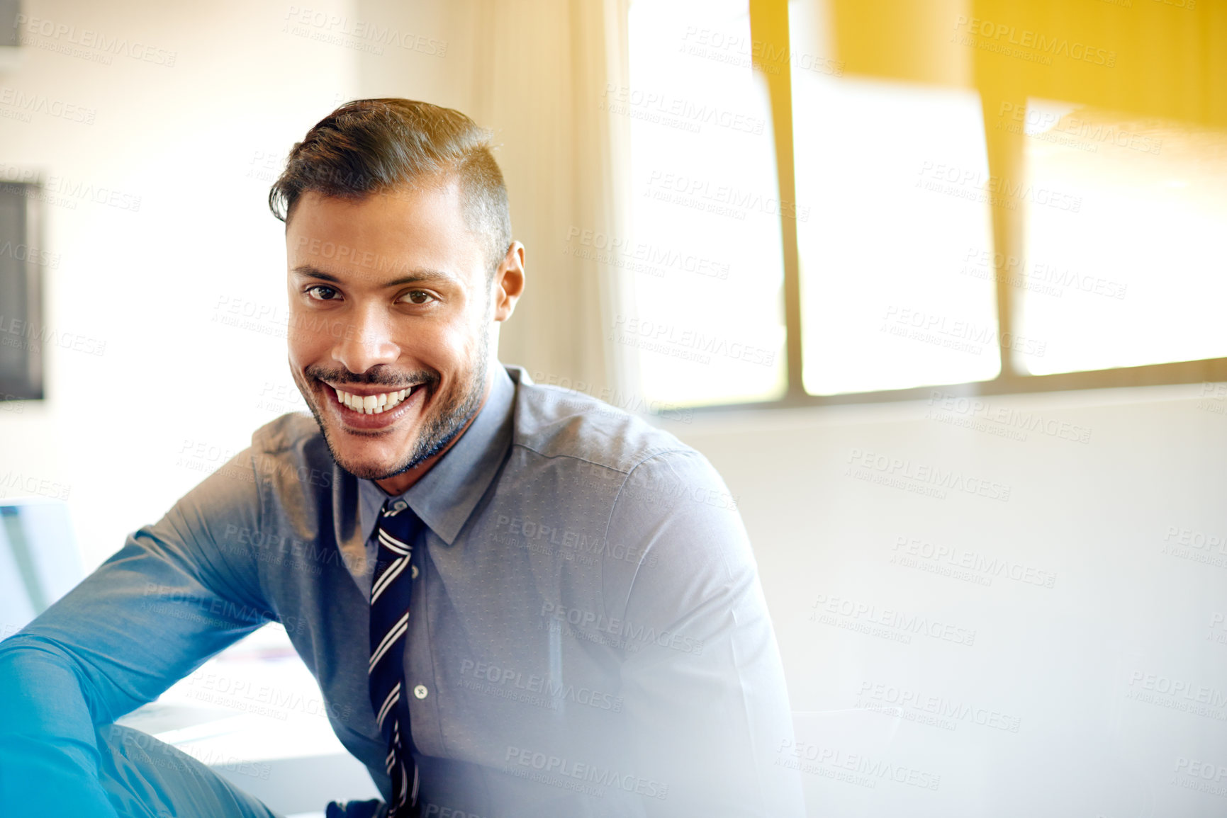 Buy stock photo Finance, portrait and smile of private banker man in office for management of client accounts. Business, broker and investment banking with happy financial employee in workplace for accounting