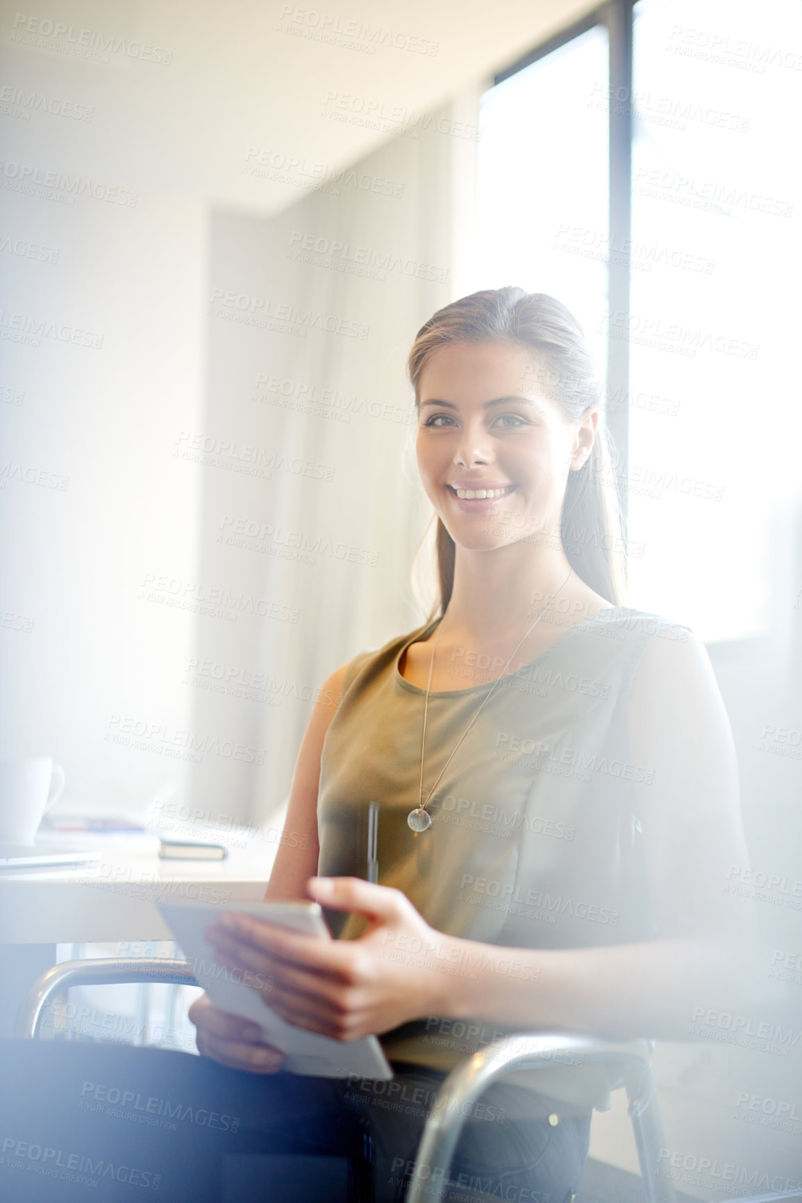 Buy stock photo Portrait, smile and tablet with business woman in office for research, project review and event marketing. Client feedback, conference planner and venue coordinator with person in agency for schedule