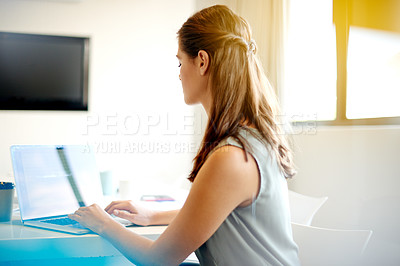 Buy stock photo Business woman, designer and typing with laptop for creative project, agenda or planning tasks at office. Female person, employee or web design with computer or technology for app, data or research