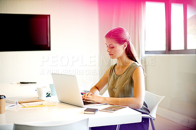 Buy stock photo Business woman, laptop and typing for human resources, management and happy in company office. Advisor, email and workplace for HR consulting, recruitment report and pride for job opportunity