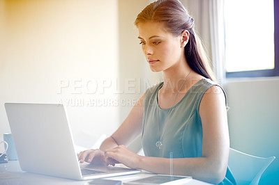 Buy stock photo Business woman, laptop and report for human resources, management and search in company office. Advisor, email and workplace for HR consulting, recruitment typing and pride for job opportunity