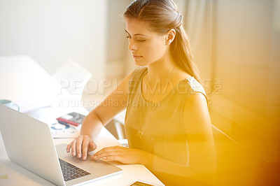 Buy stock photo Business woman, laptop and feedback report for human resources, management and research in company office. Advisor, email and workplace for HR consulting, recruitment and pride for job opportunity