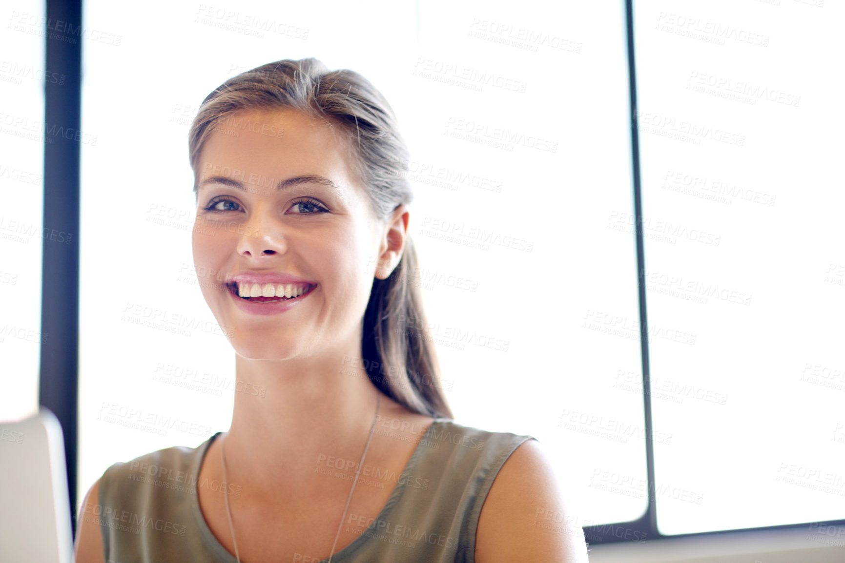 Buy stock photo Portrait, smile and laptop with business woman in office for research, project review and event marketing. Client feedback, conference planner and venue coordinator with person in agency for schedule