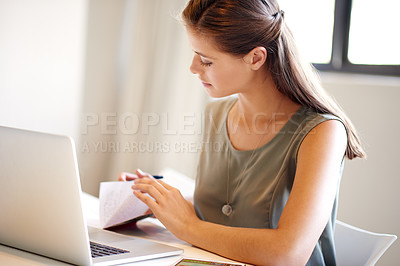 Buy stock photo Business woman, notebook and feedback report for human resources, management and happy in office. Advisor, thinking and workplace for HR consultant, recruitment admin and job opportunity news
