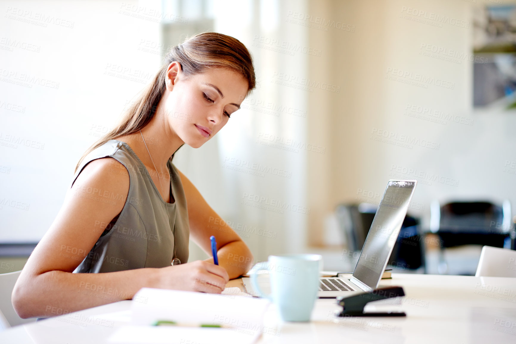 Buy stock photo Business woman, notebook and writing feedback for human resources, management proposal and career in office. Advisor, notes and laptop for HR consultant, recruitment report and job opportunity news