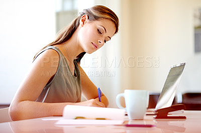 Buy stock photo Business woman, notes and writing feedback for human resources, management proposal and career in office. Advisor, notebook and laptop for HR consultant, recruitment report and job opportunity news