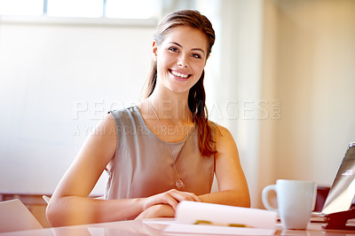Buy stock photo Business woman, portrait and smile in office for human resources, management and happy for company. Laptop, advisor and workplace for HR consulting, recruitment report and pride for job opportunity