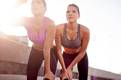 Buy stock photo Women, fitness and outdoor for running break, thinking and team support with exercise in city. Urban town, workout together and ideas for cardio competition, marathon training and plan for progress