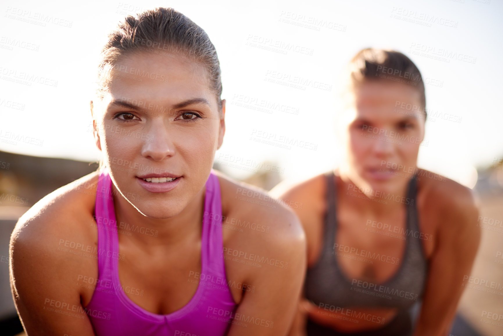 Buy stock photo City, women and tired in portrait for fitness, running challenge and preparation for marathon. Outdoor, people and sisters on break for workout, training or exercise with siblings for cardio wellness
