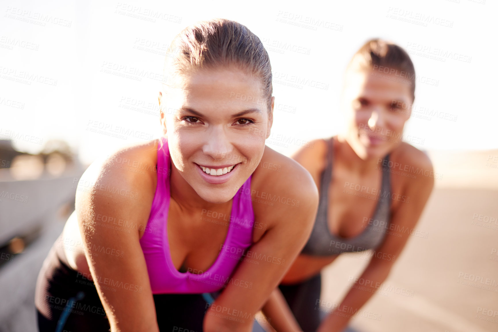 Buy stock photo Tired, friends and fitness for women, break and training with sportswear in morning and outdoor. Street, athlete and people with routine for wellness, together and healthy with workout in city