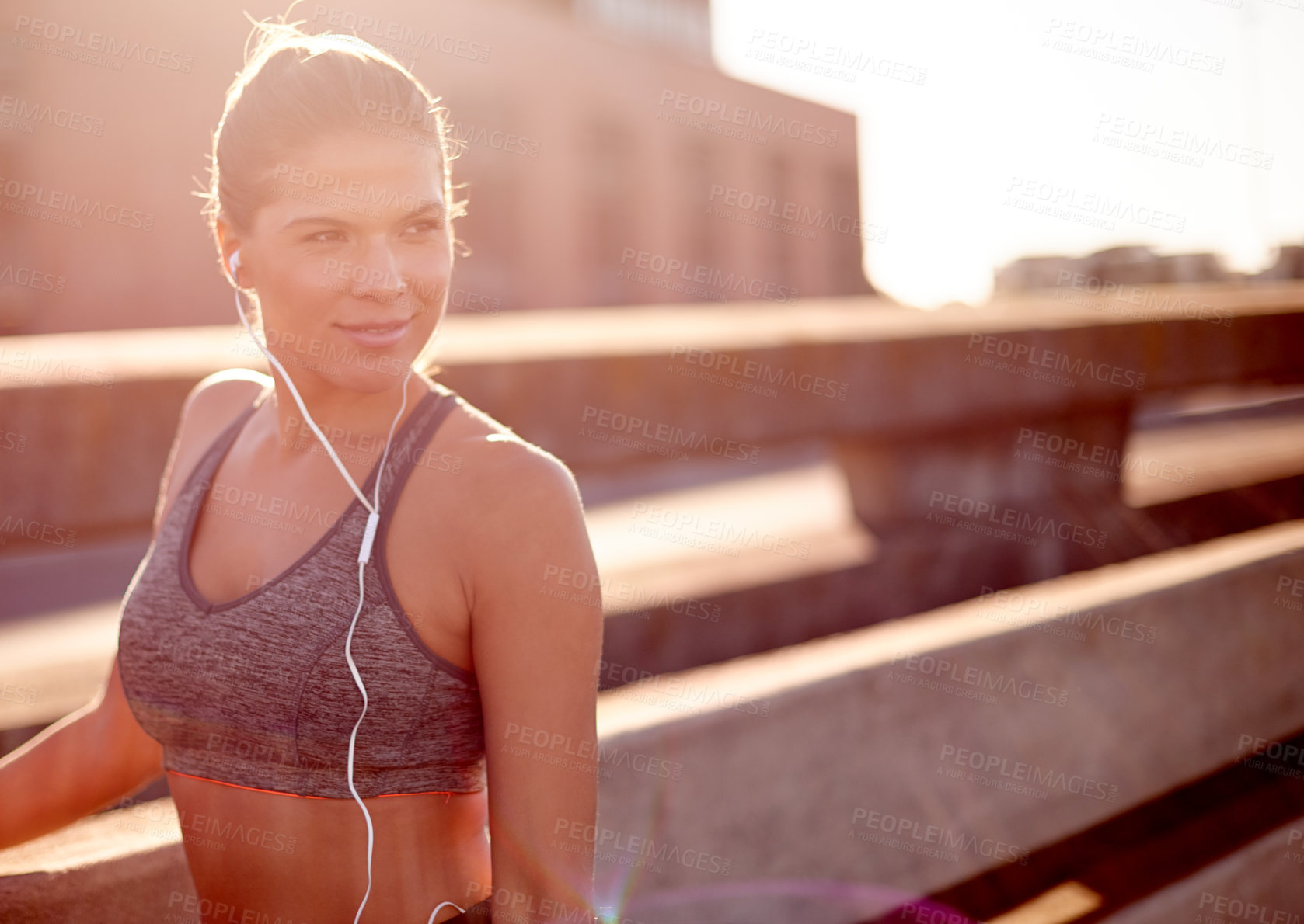 Buy stock photo Morning, healthy and woman with earphones, fitness and exercise for building muscle, break and outdoor. Wellness, calm and music for person with sportswear, workout or athlete with routine on weekend