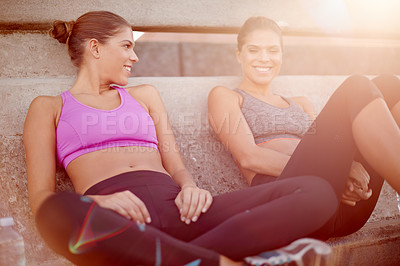 Buy stock photo City, women and rest with smile for fitness, workout and  outdoor after running marathon. Bridge, happy people and sisters on break for exercise, cardio session and wellness for siblings by flare