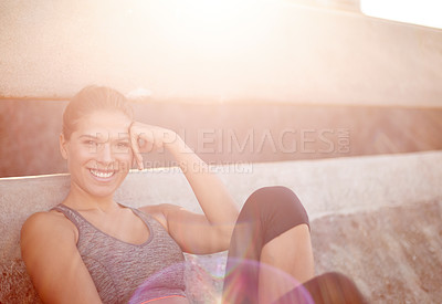 Buy stock photo Morning, happy and woman on break, fitness and exercise for building muscle, outdoor or relax on bridge. Wellness, calm and rest for person with sportswear, workout or athlete with routine on weekend