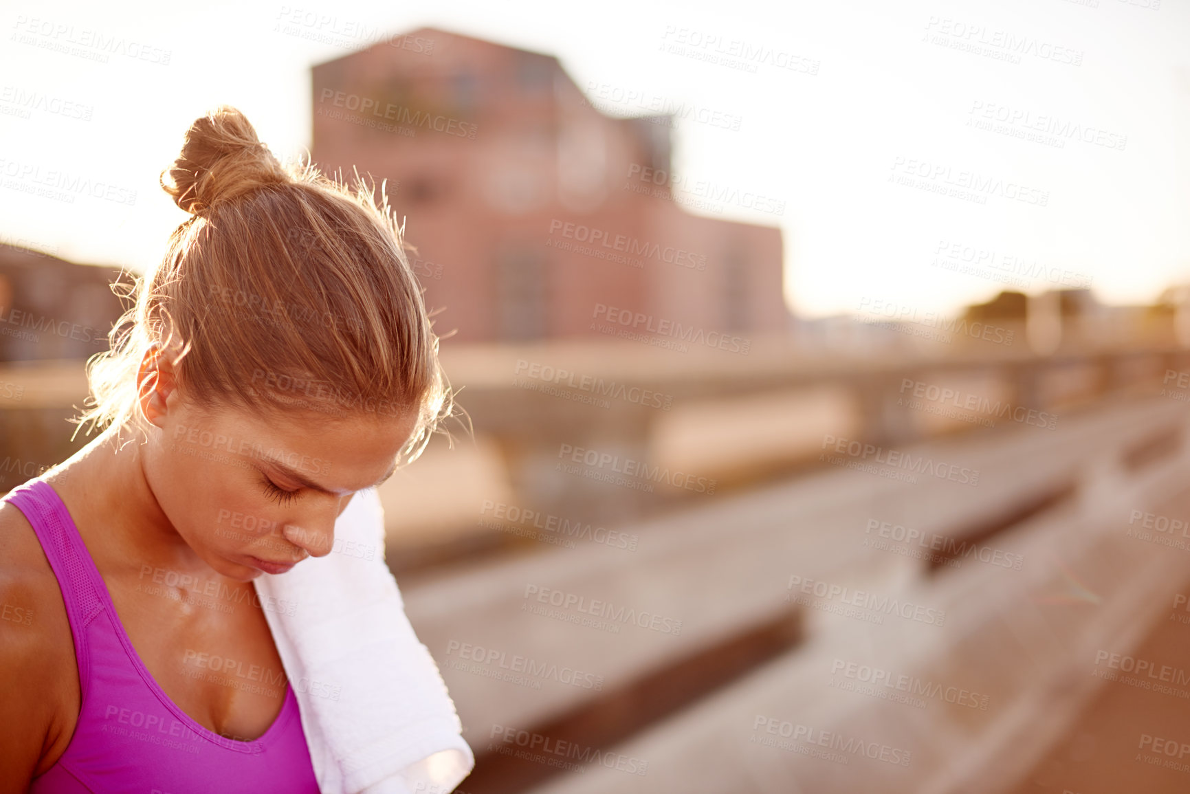 Buy stock photo Healthy, break and woman with towel, exercise and wellness for building muscle, training and outdoor. Fitness, fatigue and rest for person with sportswear, workout and athlete with routine on weekend