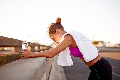 Buy stock photo Tired, thinking and woman with towel, exercise and wellness for building muscle, training and outdoor. Fitness, fatigue and rest for person with sportswear, workout or athlete with routine on weekend