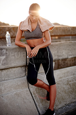Buy stock photo Morning, healthy and woman on break, fitness and exercise for building muscle, training and outdoor. Wellness, calm and rest for person with sportswear, workout and athlete with routine on weekend