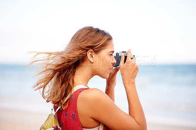 Buy stock photo Woman, camera and beach photography on vacation, sightseeing location and tourist to capture view. Ocean, travel and student photographer with digital lens, pictures and trip to tropical island