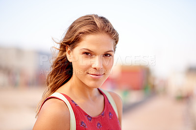 Buy stock photo Outdoor, woman and portrait with smile for tourism, travel destination or space for summer. Vacation, female person and tourist with confidence for holiday, adventure or sightseeing in Florida