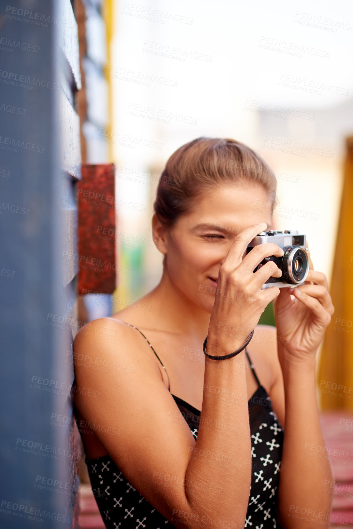Buy stock photo Smile, camera and beach with woman, vacation and memory with travel influencer, happiness and calm. Explore, person and girl with photography, summer and capture with tourism, break and journey