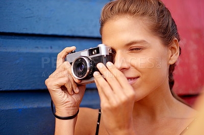 Buy stock photo Outdoor, woman and photography with camera for vacation, holiday destination and memory in city. Travel, female person and photographer with digital equipment for picture, shooting and sightseeing