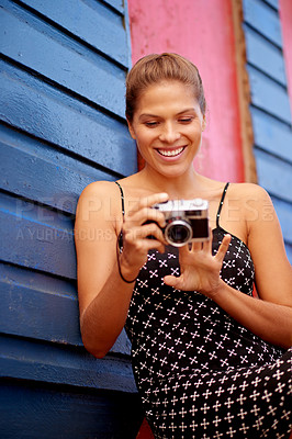 Buy stock photo Travel. camera and woman with vacation, smile and happiness with summer holiday. Outdoor, influencer and person with joy, weekend break and photography with adventure, tropical island and Maldives