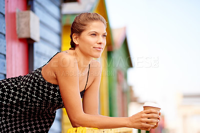 Buy stock photo Woman, coffee and tourist on vacation, thinking and espresso cup on tropical island. Travel, balcony and outdoor nature for seaside peace, freedom and cappuccino beverage to relax on ocean holiday