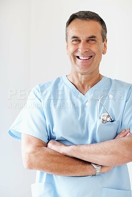 Buy stock photo Portrait, man and doctor with arms crossed, confidence and healthcare on white studio background. Mature, person and medical with professional, career ambition and doctor with pride and cardiologist