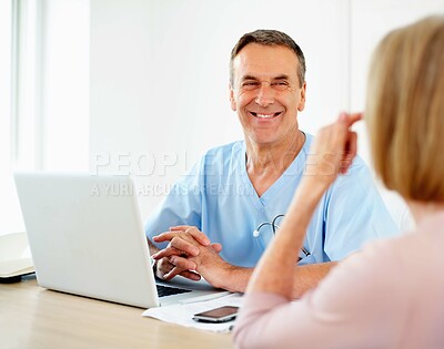 Buy stock photo People, laptop and doctor consultation with patient for healthcare, support and diagnosis in clinic. Gynecologist man, woman and computer to check pap smear results, menopause and online advice