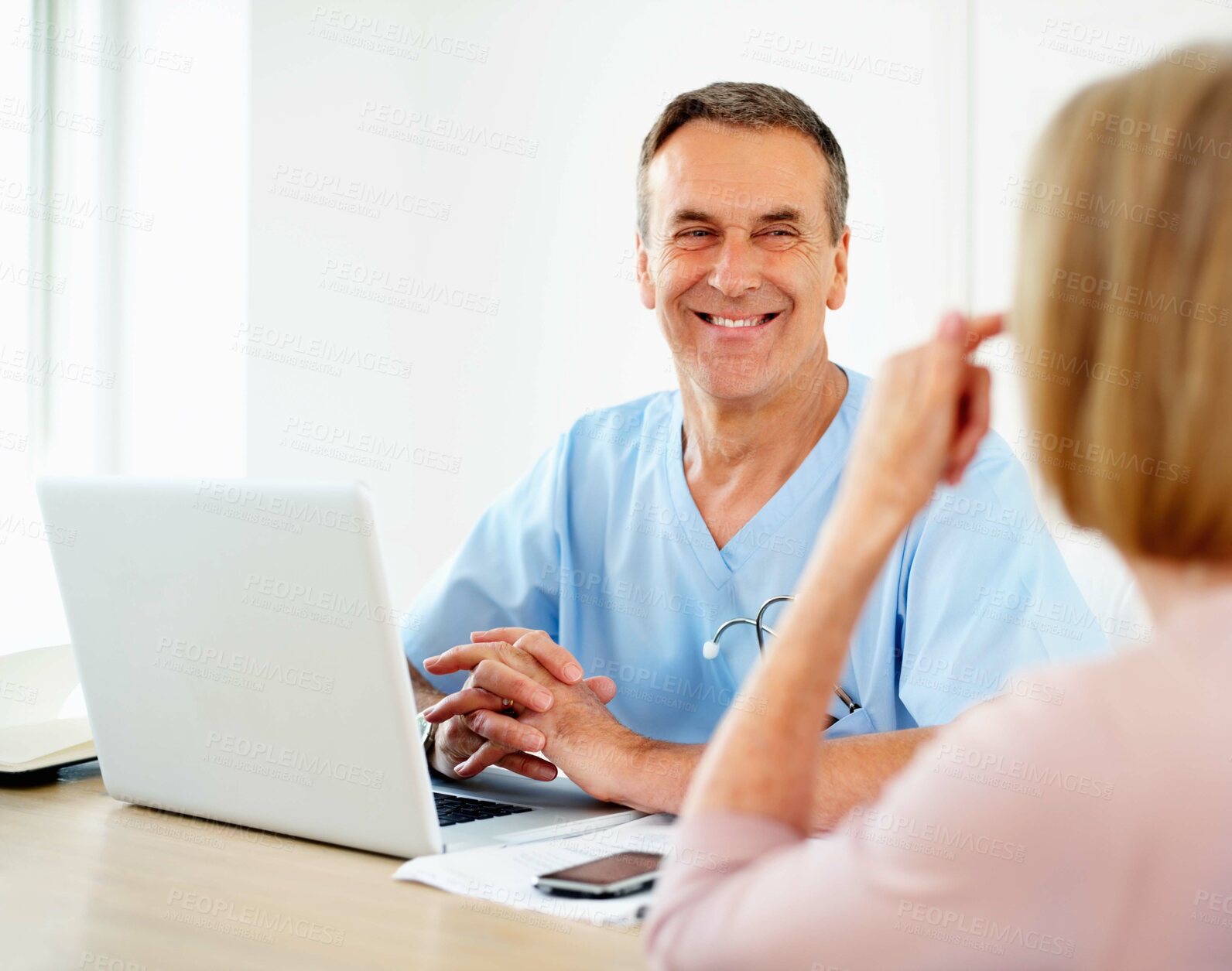 Buy stock photo People, laptop and doctor consultation with patient for healthcare, support and diagnosis in clinic. Gynecologist man, woman and computer to check pap smear results, menopause and online advice